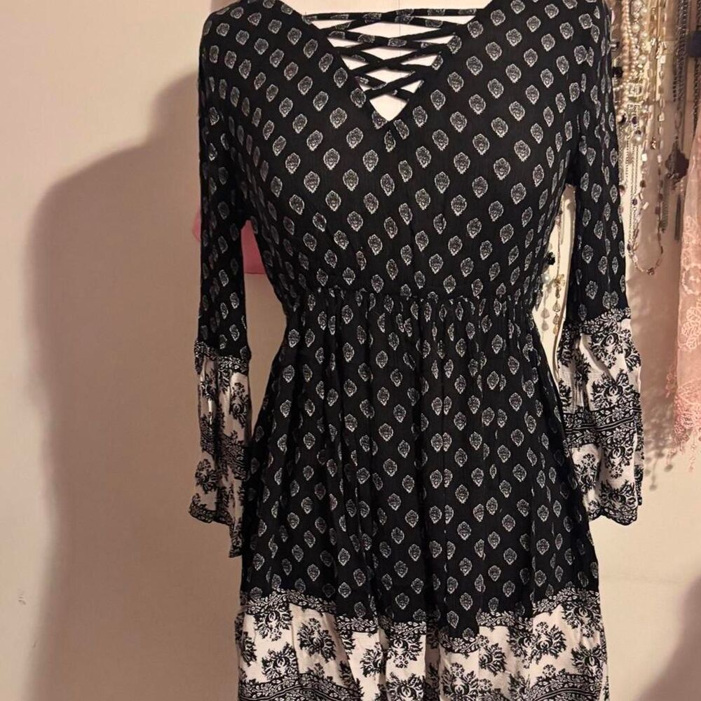 Vintage Y2K Mudd Graphic Lattice Lace-Up Boho Dress M